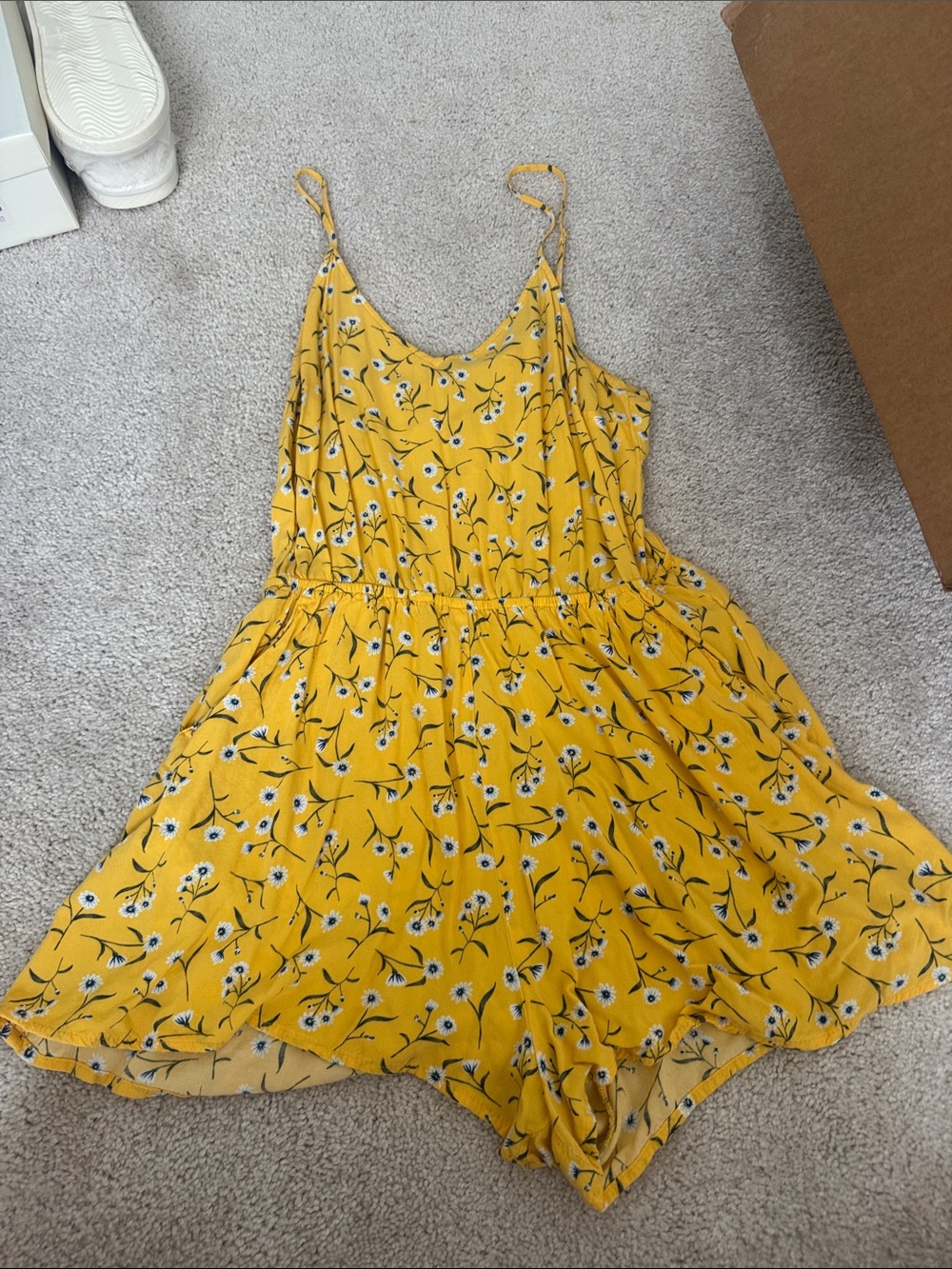 Yellow Floral Spaghetti-Strap Mini Romper